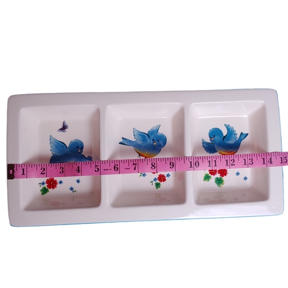 Snack Dip Tray Three Compartment Bluebirds Flowers Butterfly White Blue … - Picture 12 of 14